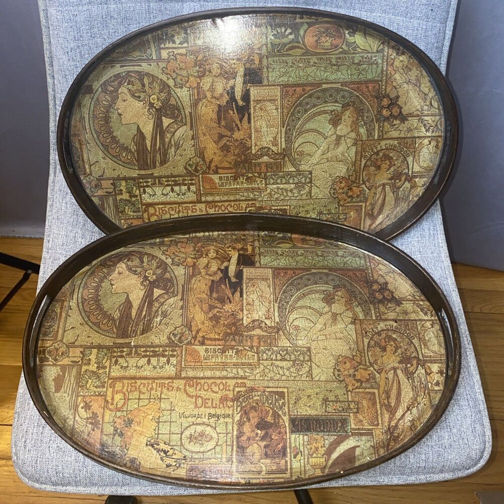 Vintage Art Nouveau Pier 1 Imports Oval Wooden Tray set ( 2 )